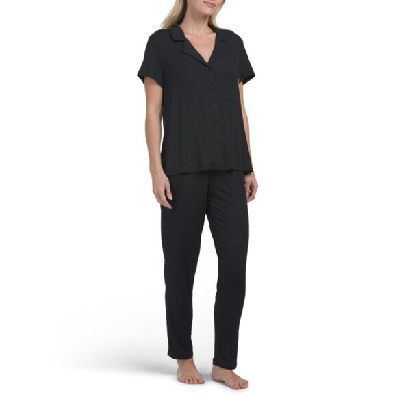 NINE WEST Black 2pc Short Sleeve Ribbed Notch Collar Pajama Top And Pants Set - Picture 1 of 2